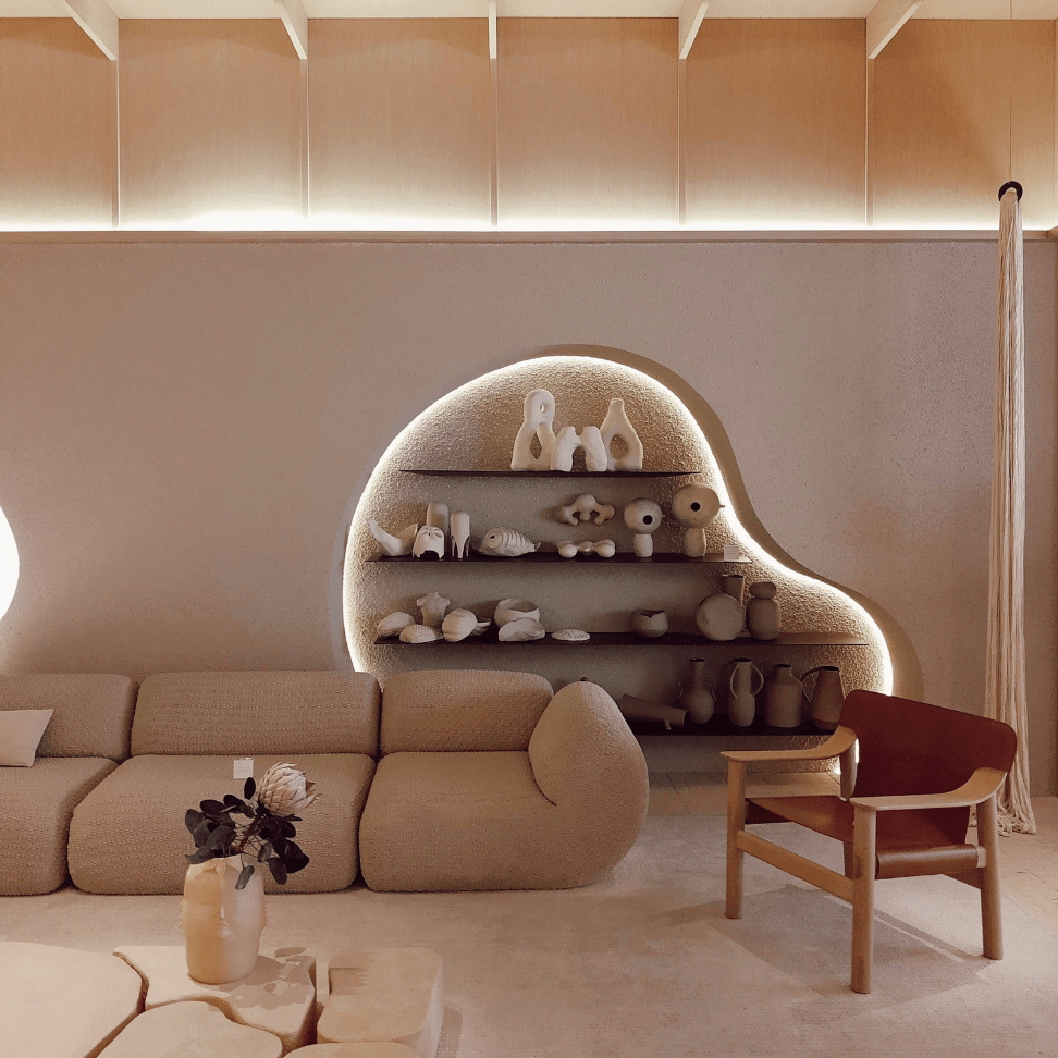 Minimalist small salon interior ideas in a soft, organic design style